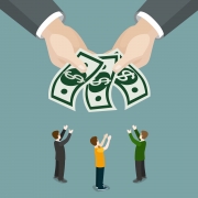 Charity alms welfare beneficence salary wages business isometry concept flat 3d isometry isometric web infographics vector illustration. Big hands money micro businessmen. Creative people collection.